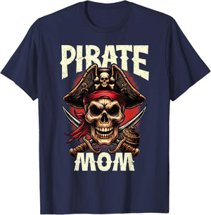 Pirate Mom Skull Jolly Roger Flag Halloween Pirate Family T-Shirt - T-Shirt | Navy