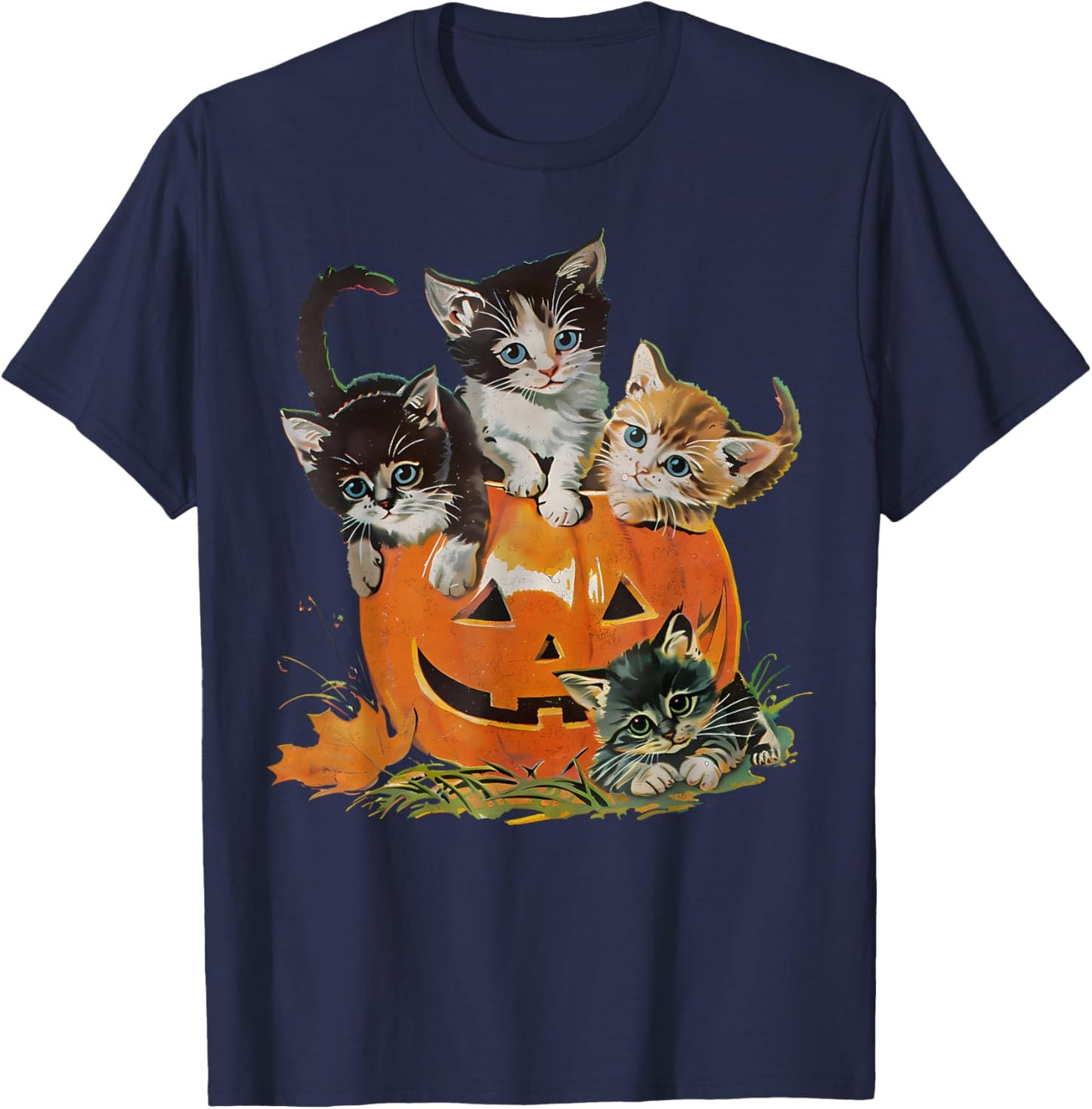 Vintage 90s Cat Pumpkin Halloween Retro Floral Spooky Season T-Shirt - T-Shirt | Navy