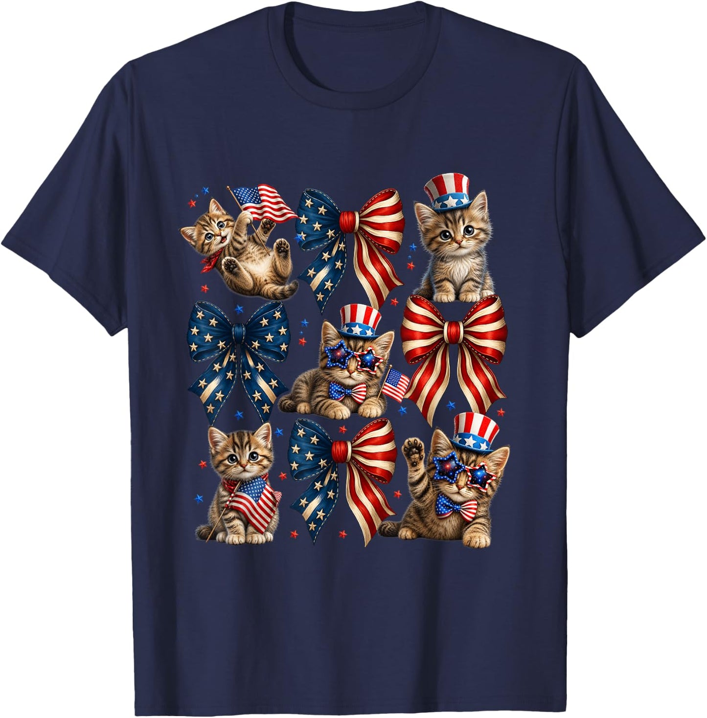 Patriotic Cat USA Flag Bow Independence Day Fourth of July T-Shirt - T-Shirt | Navy
