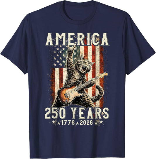 Retro Cat Playing Guitar Rock Star 250 Years Women T-Shirt - T-Shirt | Navy
