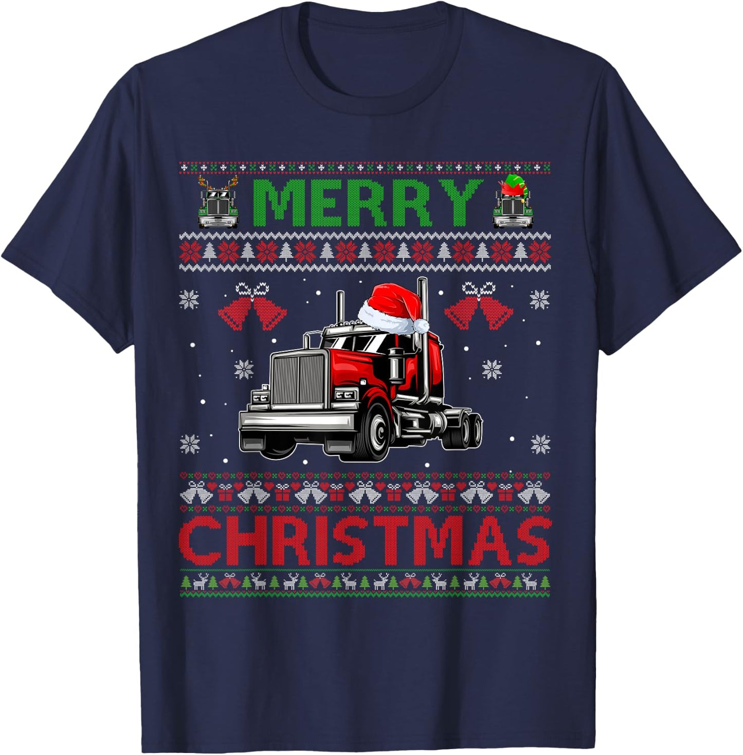 Merry Christmas Elf Reindeer Santa Trucker Ugly Xmas Sweater T-Shirt - T-Shirt | Navy