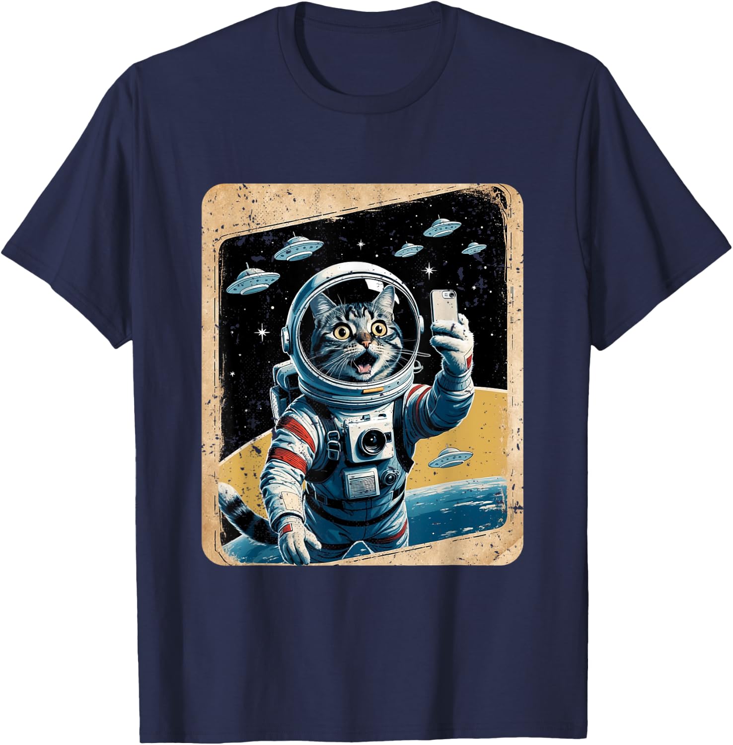 Space Cat Astronaut UFO Funny Sci-fi Alien Selfie T-Shirt - T-Shirt | Navy
