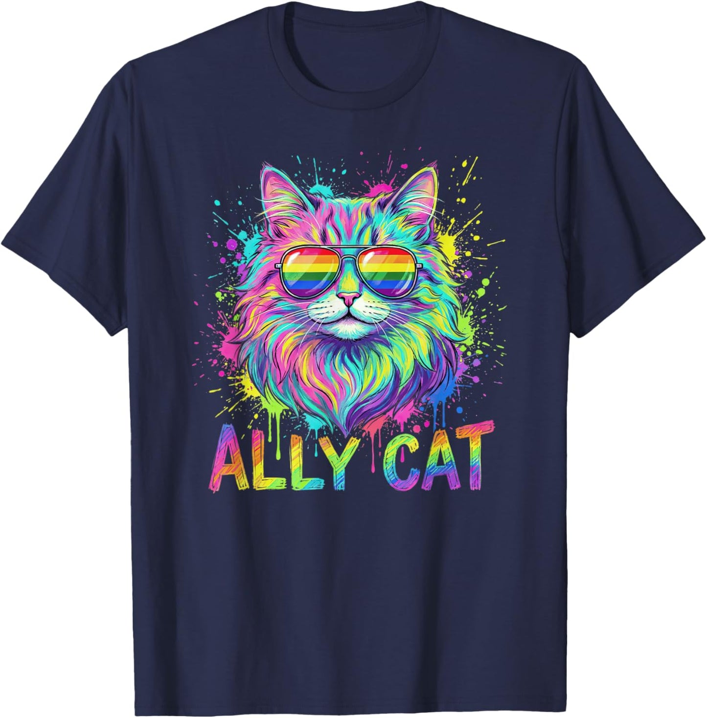 Ally Cat LGBTQ Rainbow Pride Month Purride Animal Men Women T-Shirt - T-Shirt | Navy