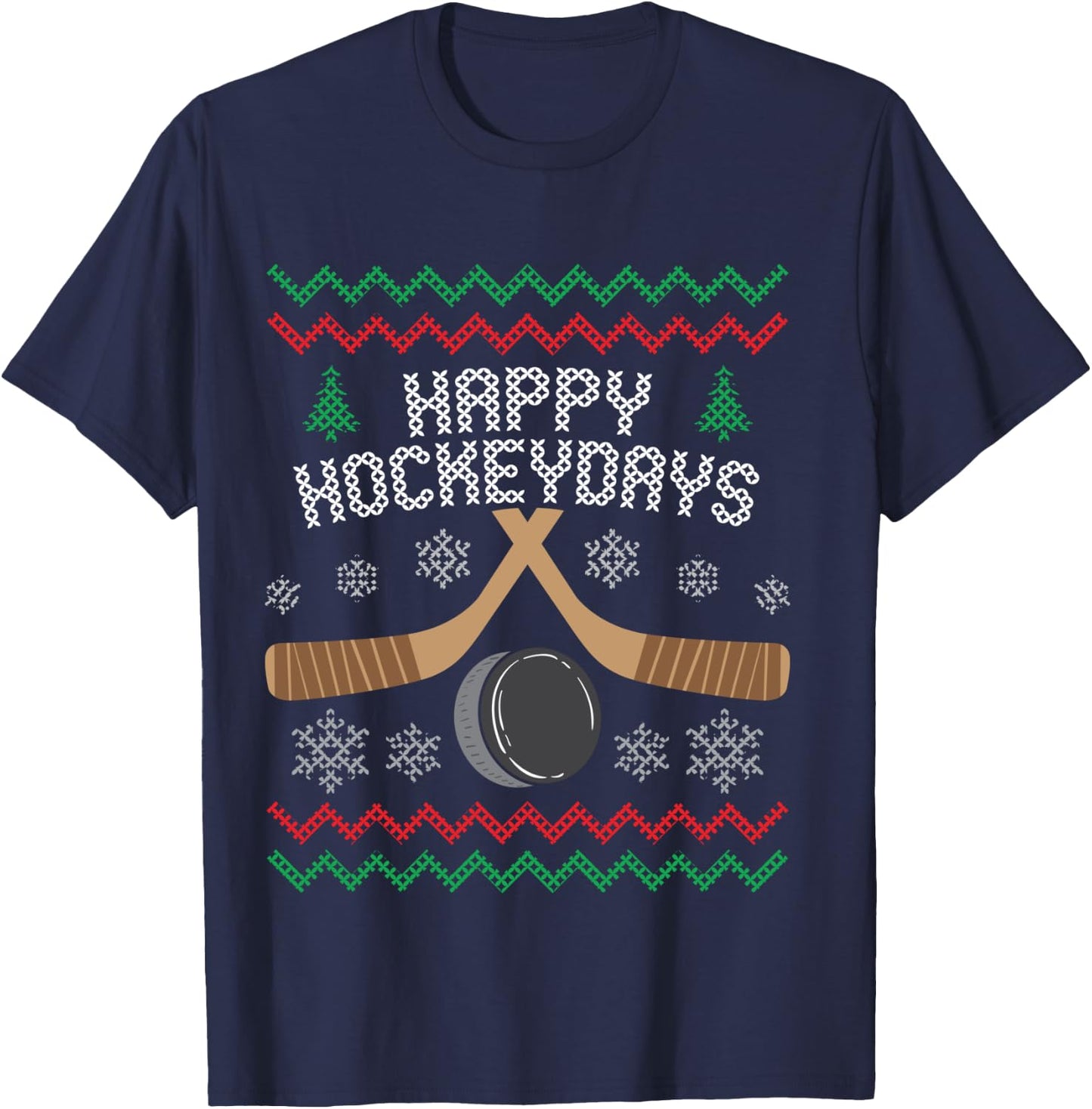 Happy Hockeydays Ice Hockey Fan Ugly Christmas Sweater T-Shirt - T-Shirt | Navy