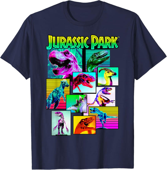 Jurassic Park Dinosaurs of The Park Neon Retro Small T-Shirt - T-Shirt | Navy