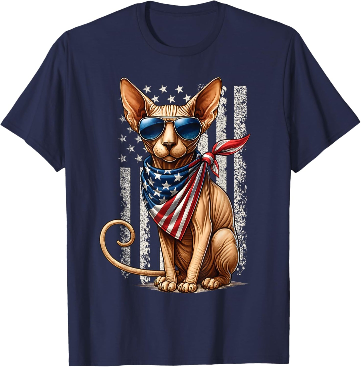 Patriotic Hairless Sphynx Cat American Flag 4th of July T-Shirt - T-Shirt | Navy
