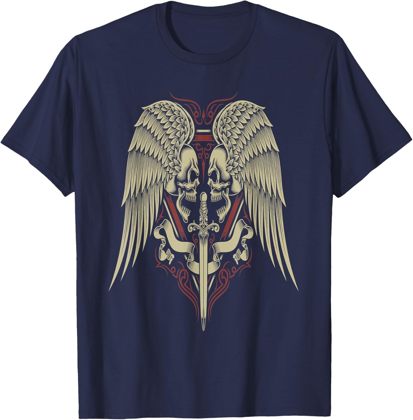 Skull Motorcycle Biker Medieval Sword Angel Wings Goth T-Shirt - T-Shirt | Navy