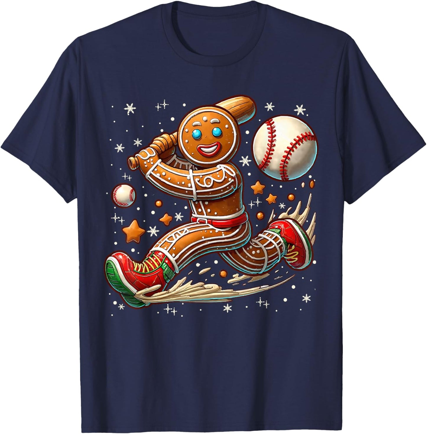 Christmas Gingerbread Man Sports Player Funny Baseball Xmas T-Shirt - T-Shirt | Navy