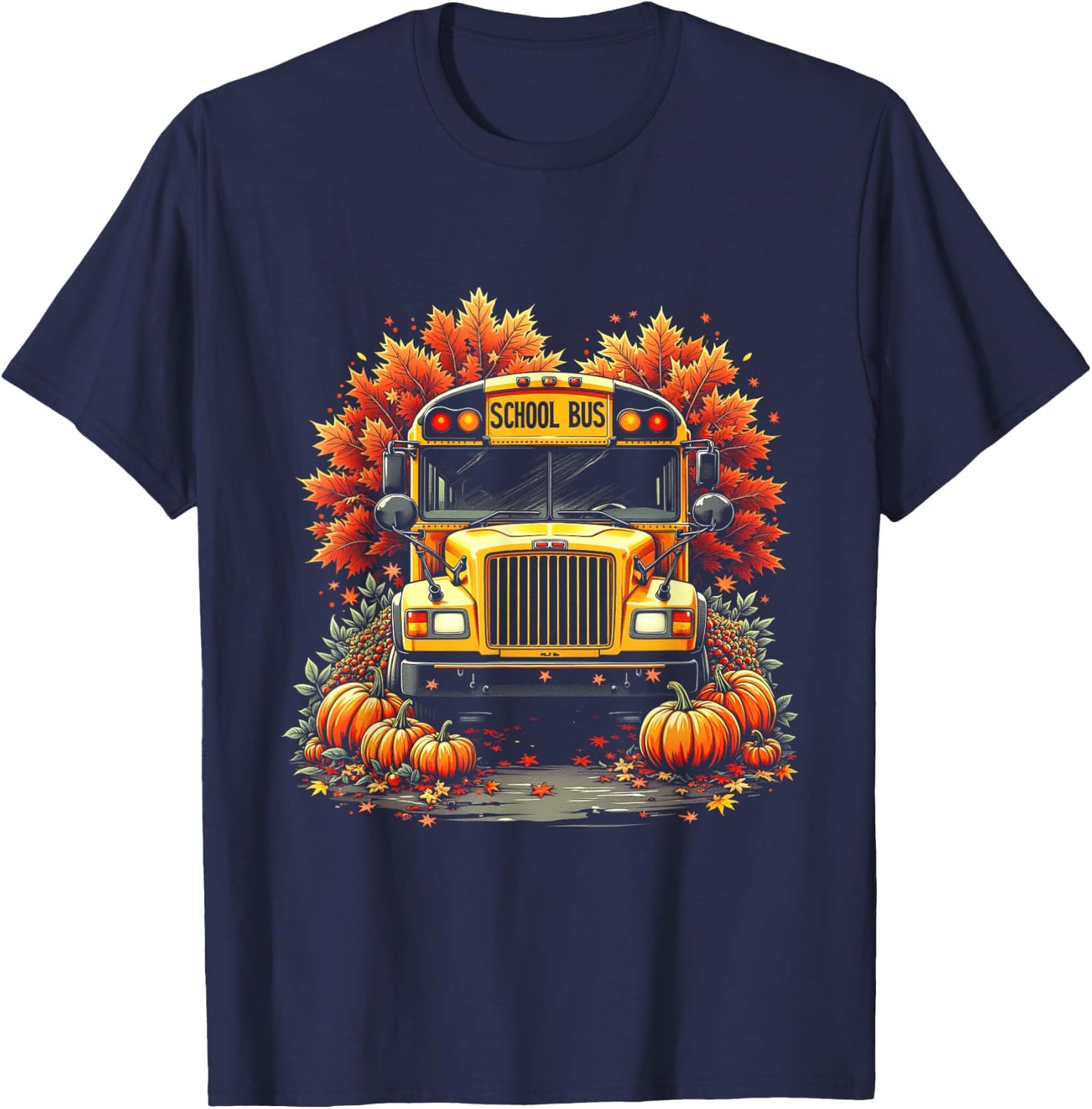 School Bus Driver Pumpkins Autumn Leaves Fall Thanksgiving T-Shirt - T-Shirt | Navy