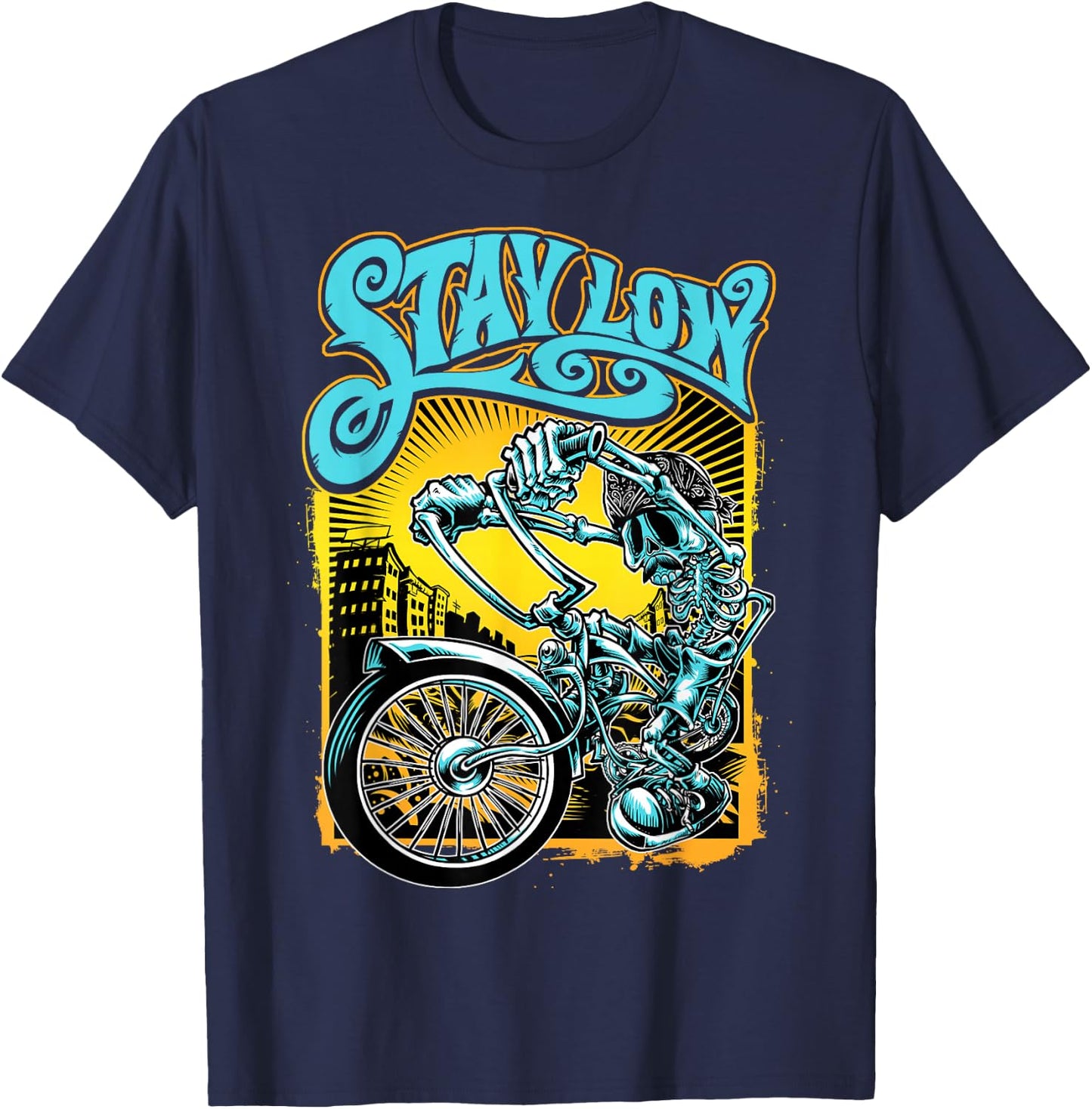 Stay Low Biker Shirt, Latino Skeleton Chopper , Cycle T-Shirt - T-Shirt | Navy