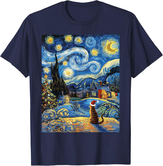 Starry Night Festive Christmas Cat Santa Winter Xmas Women Kids T-Shirt - T-Shirt | Navy