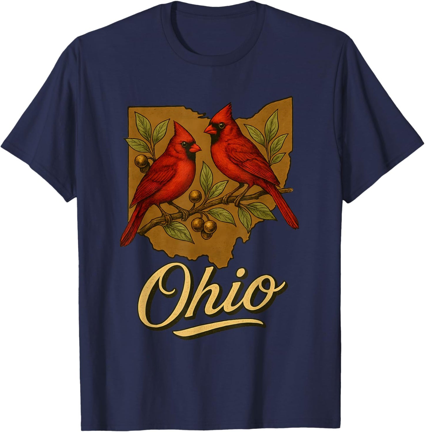 Ohio Cardinal Birds with State Outline Nature Art T-Shirt - T-Shirt | Navy