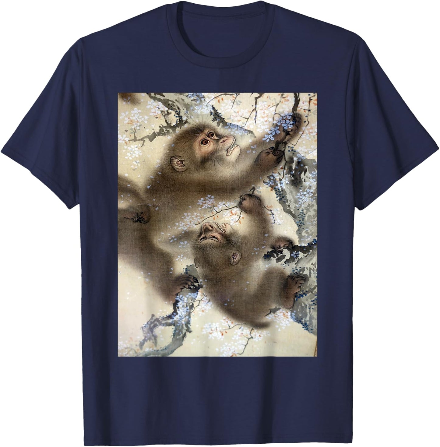 Monkeys In Cherry Blossom Tree Japanese Art Woodblock T-Shirt - T-Shirt | Navy