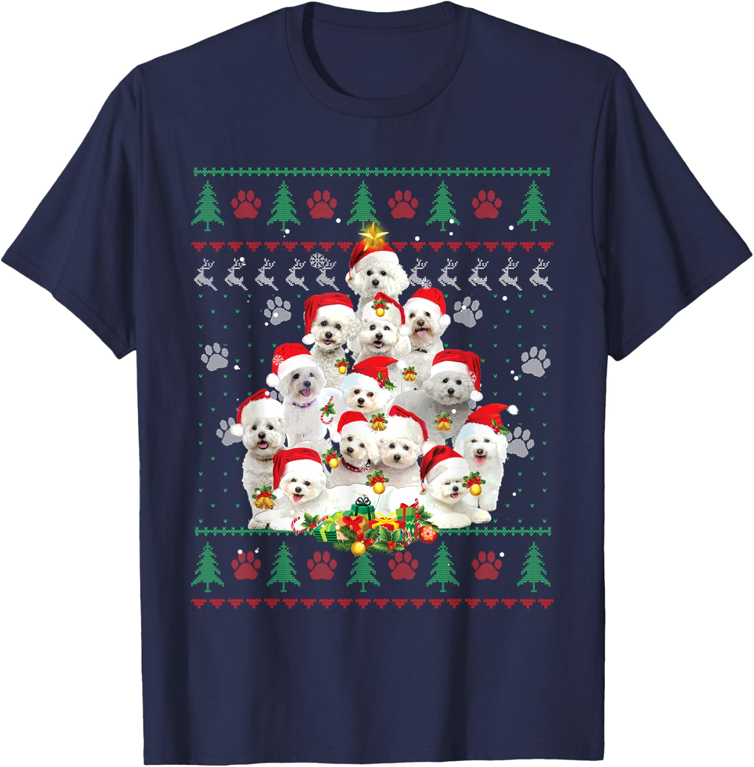 Bichon Frise Christmas Tree Santa Ugly Sweater Funny Dog Women Kids T-Shirt - T-Shirt | Navy