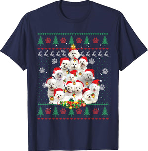 Bichon Frise Christmas Tree Santa Ugly Sweater Funny Dog Women Kids T-Shirt - T-Shirt | Navy