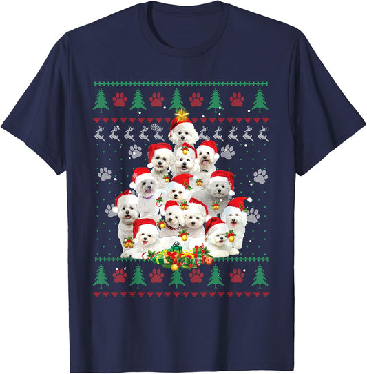 Bichon Frise Christmas Tree Santa Ugly Sweater Funny Dog Women Kids T-Shirt - T-Shirt | Navy