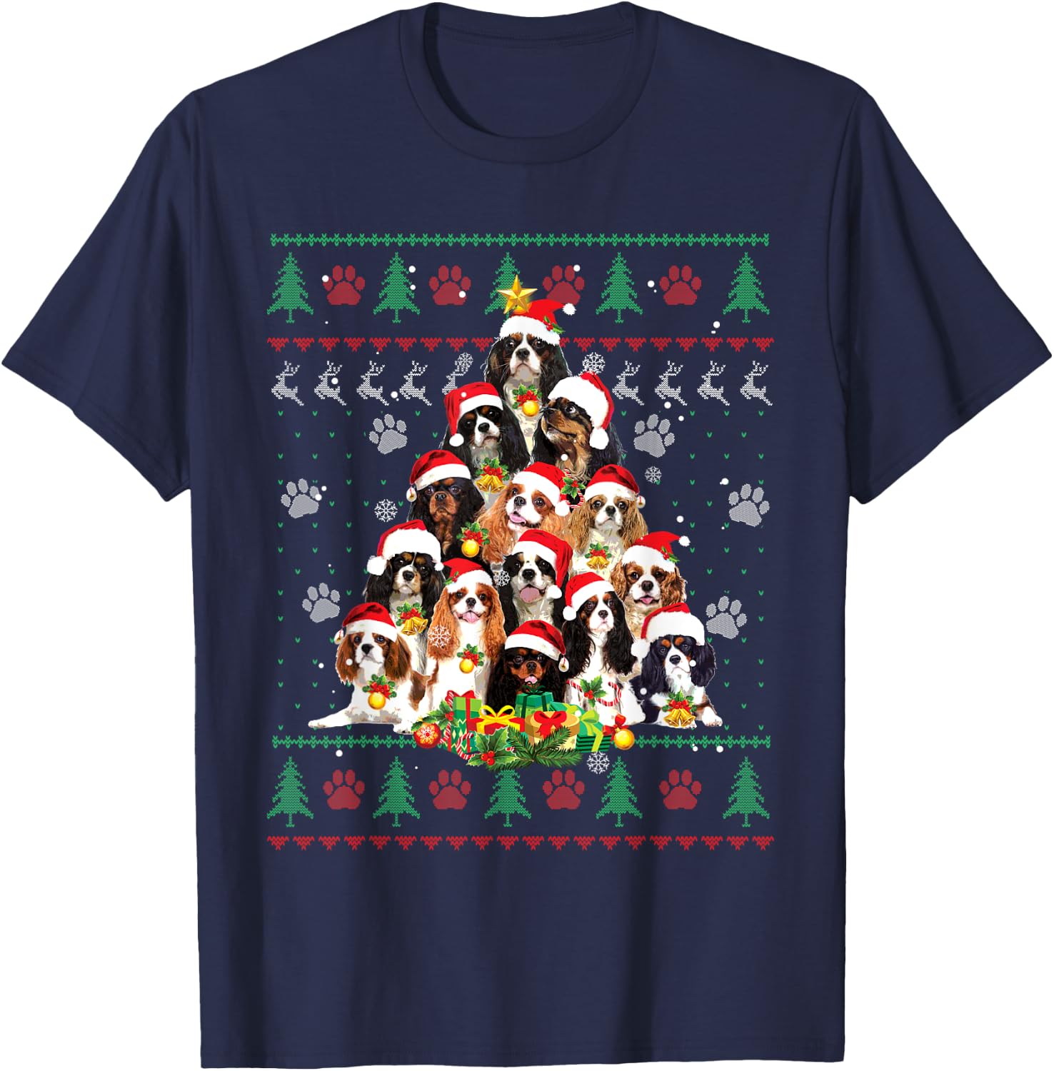 Cavalier King Charles Spaniel Christmas Tree Ugly Sweater T-Shirt - T-Shirt | Navy