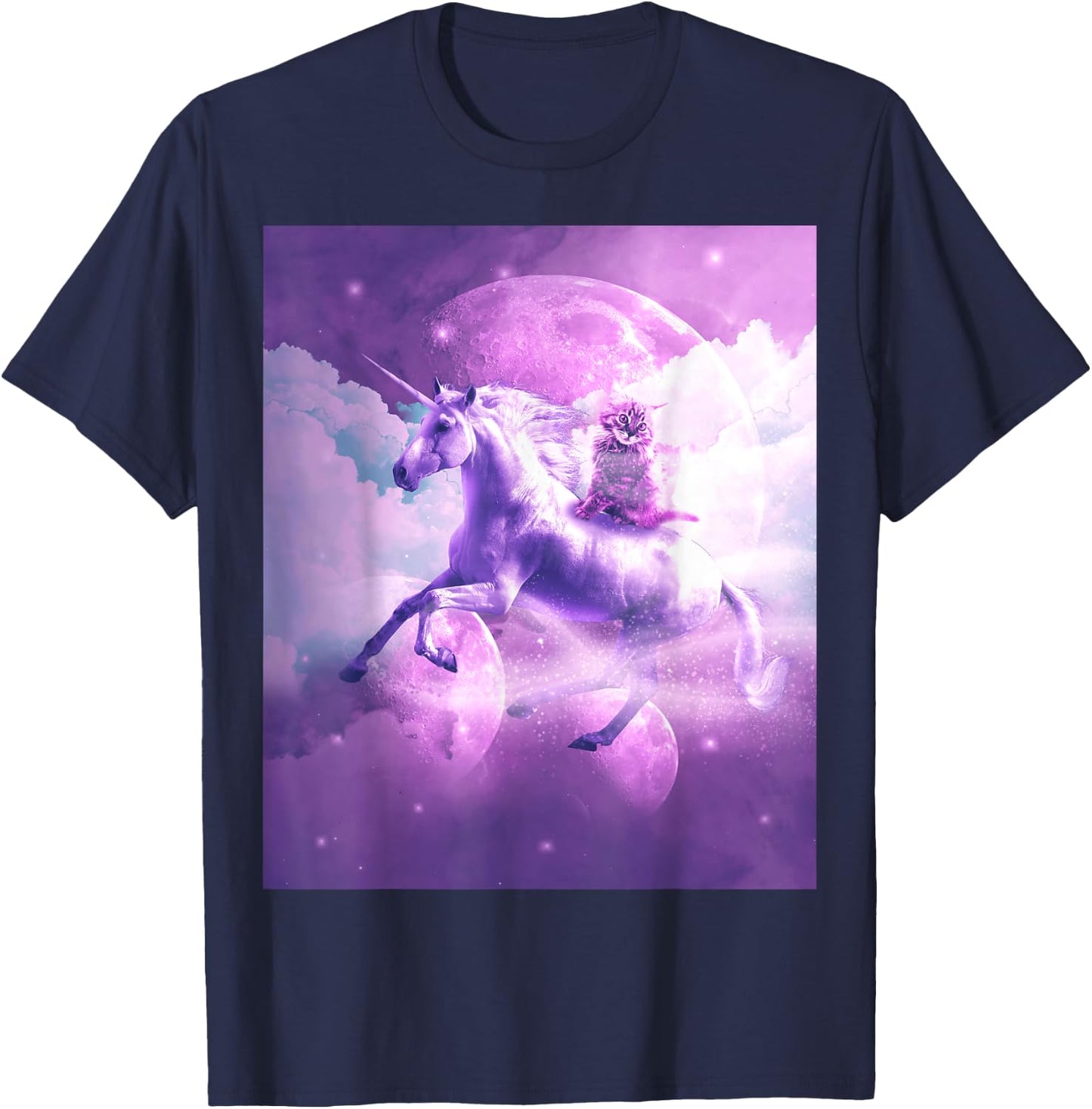 Kitty Cat Riding On Flying Space Galaxy Unicorn T-Shirt - T-Shirt | Navy