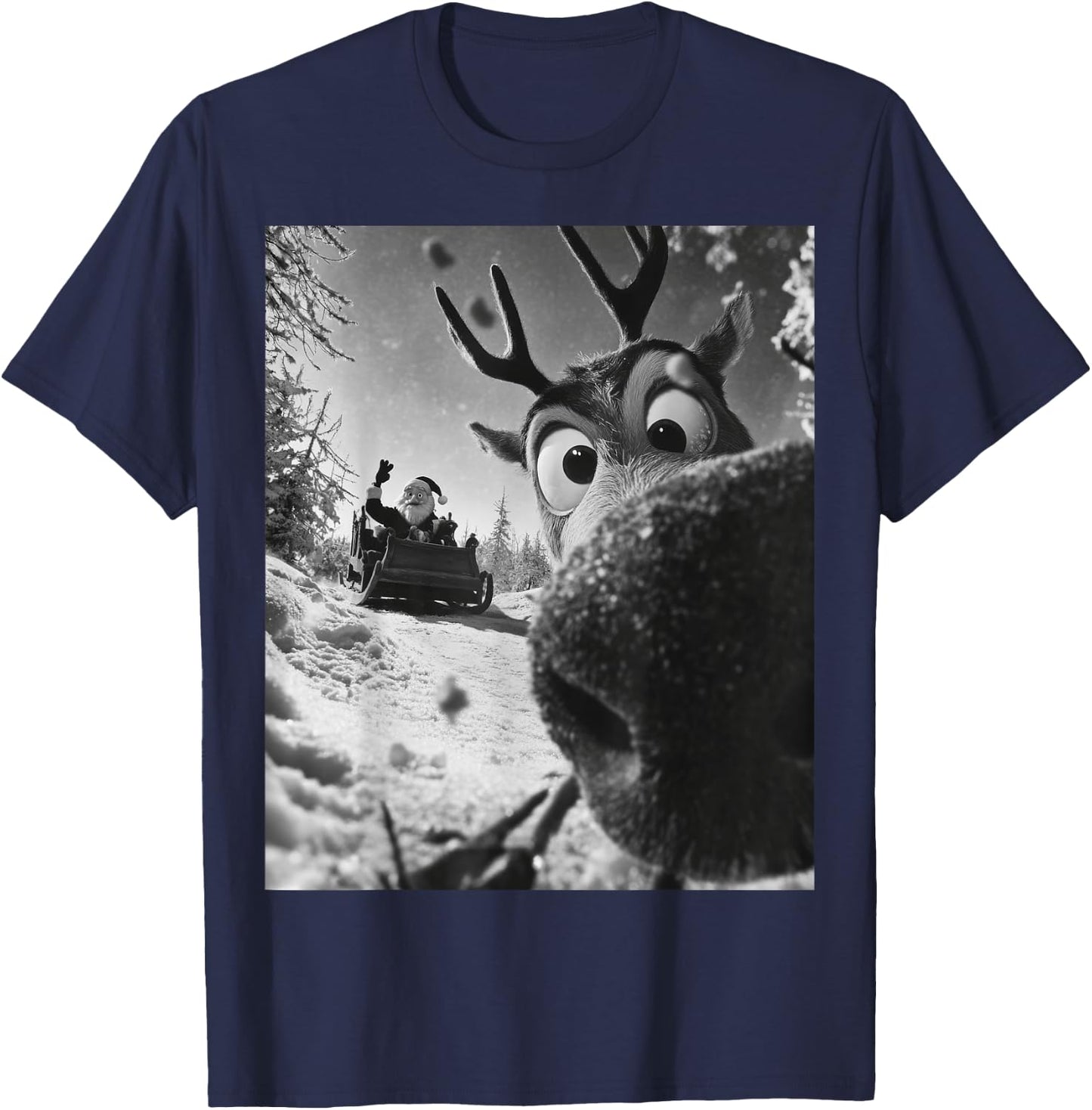 Funny Reindeer Selfie Christmas Santa Claus on his Sleigh T-Shirt - T-Shirt | Navy