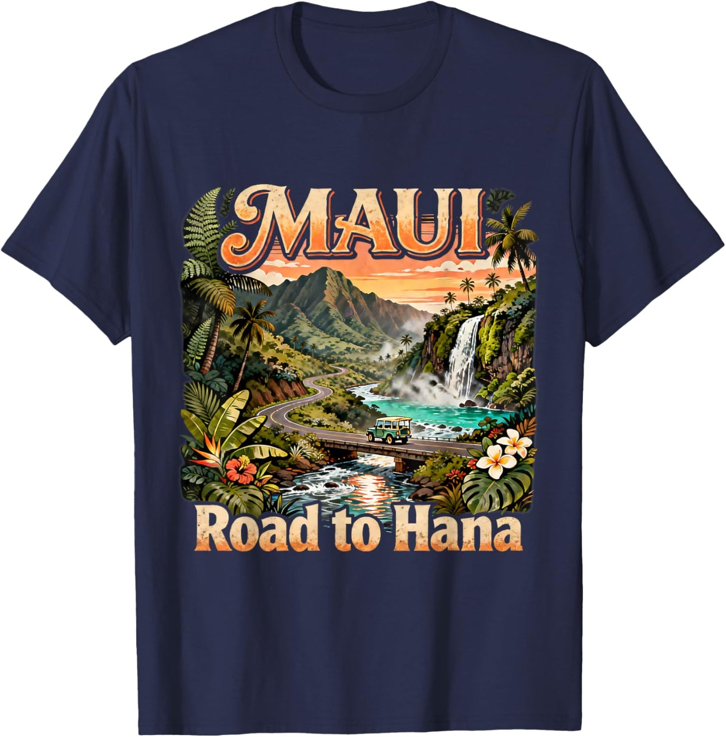 Vintage Maui Road to Hana Waterfall Tropical Summer Souvenir T-Shirt - T-Shirt | Navy