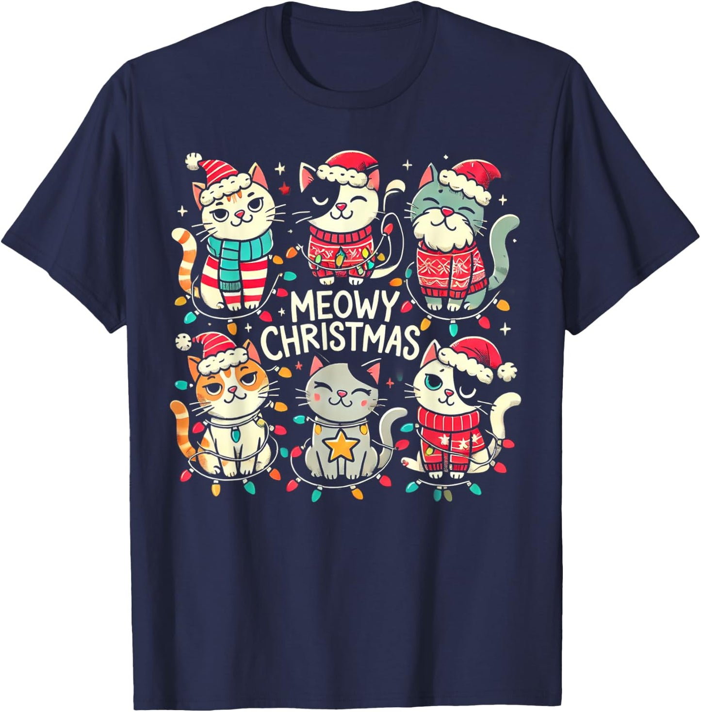 Cute Christmas Cats in Festive Outfits Design with Holiday T-Shirt - T-Shirt | Navy