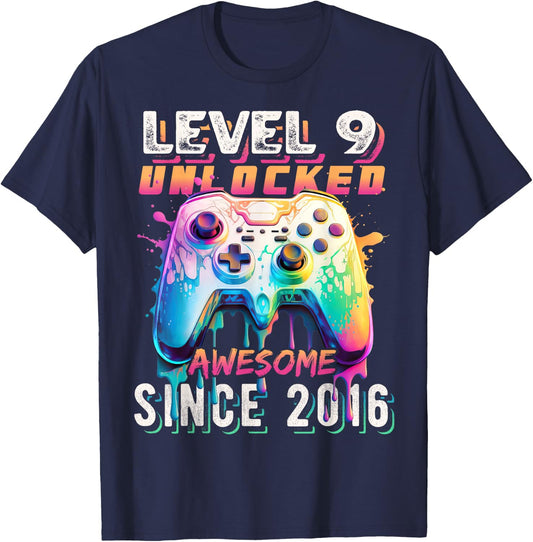 9th Birthday Boy Level 9 Gamer 9 Year Video Game Party T-Shirt - T-Shirt | Navy