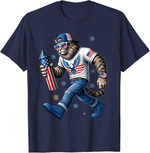 Patriotic Cat USA Flag Fireworks 4th of July Woman T-Shirt - T-Shirt | Navy