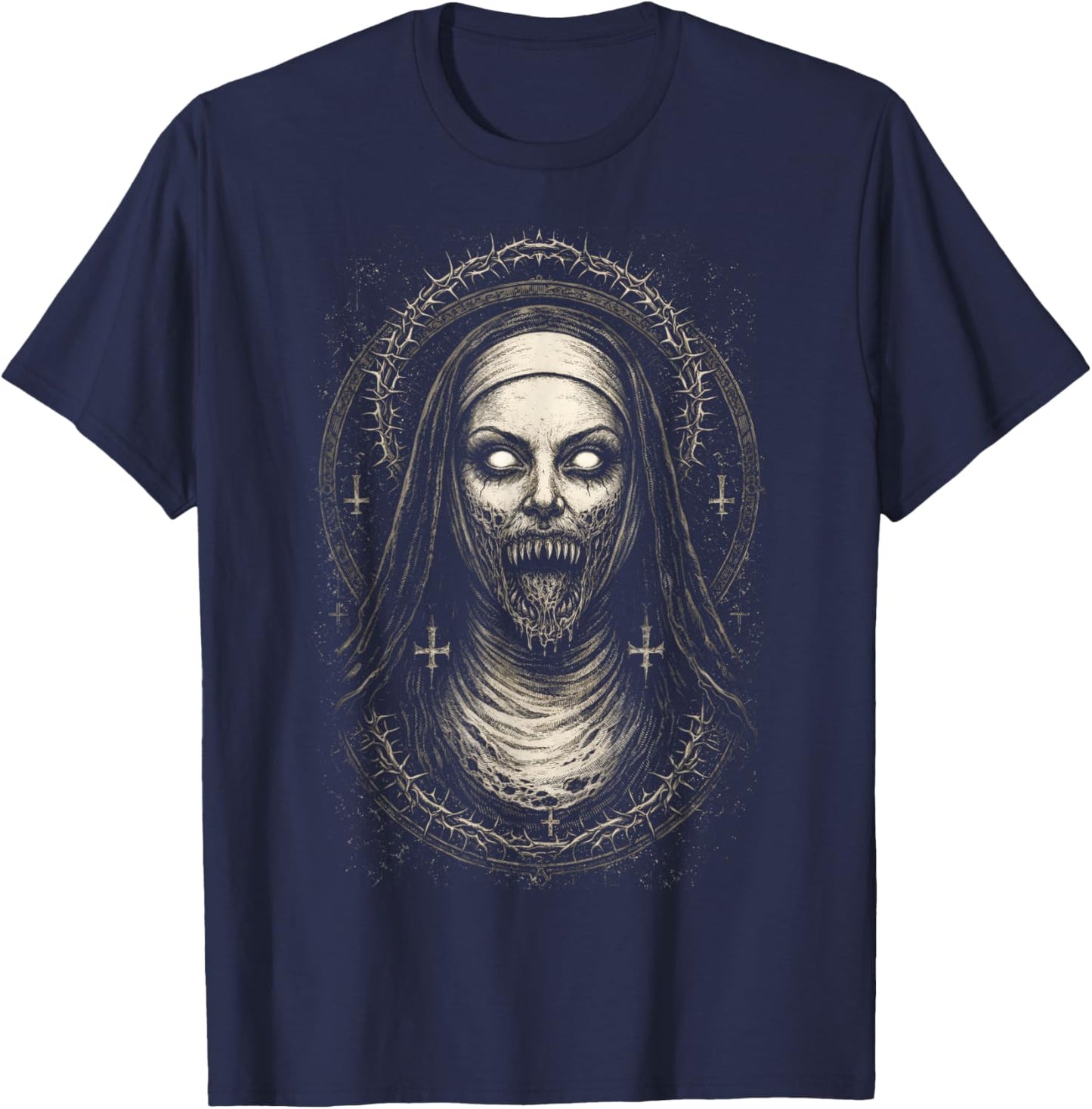 Creepy Dark Nun Horror Gothic Unholy Aesthetic Demon T-Shirt - T-Shirt | Navy