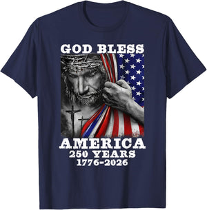 God Bless American Christian Cross Flag 250 Years 1776 2026 T-Shirt - T-Shirt | Navy