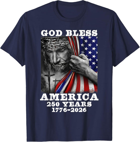 God Bless American Christian Cross Flag 250 Years 1776 2026 T-Shirt - T-Shirt | Navy