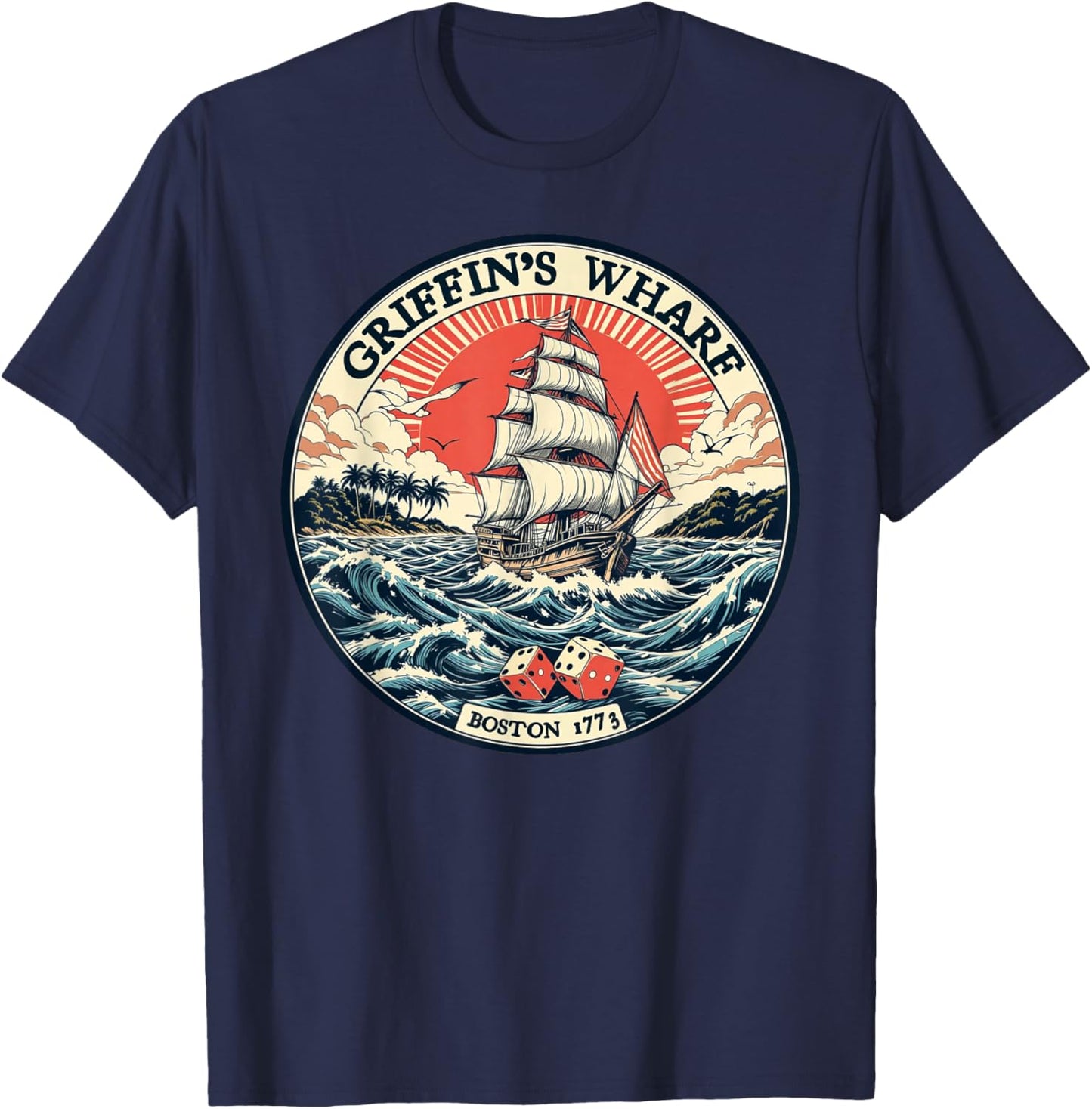 Griffin's Wharf 1773 – Boston Ship & Dice Logo Design T-Shirt - T-Shirt | Navy