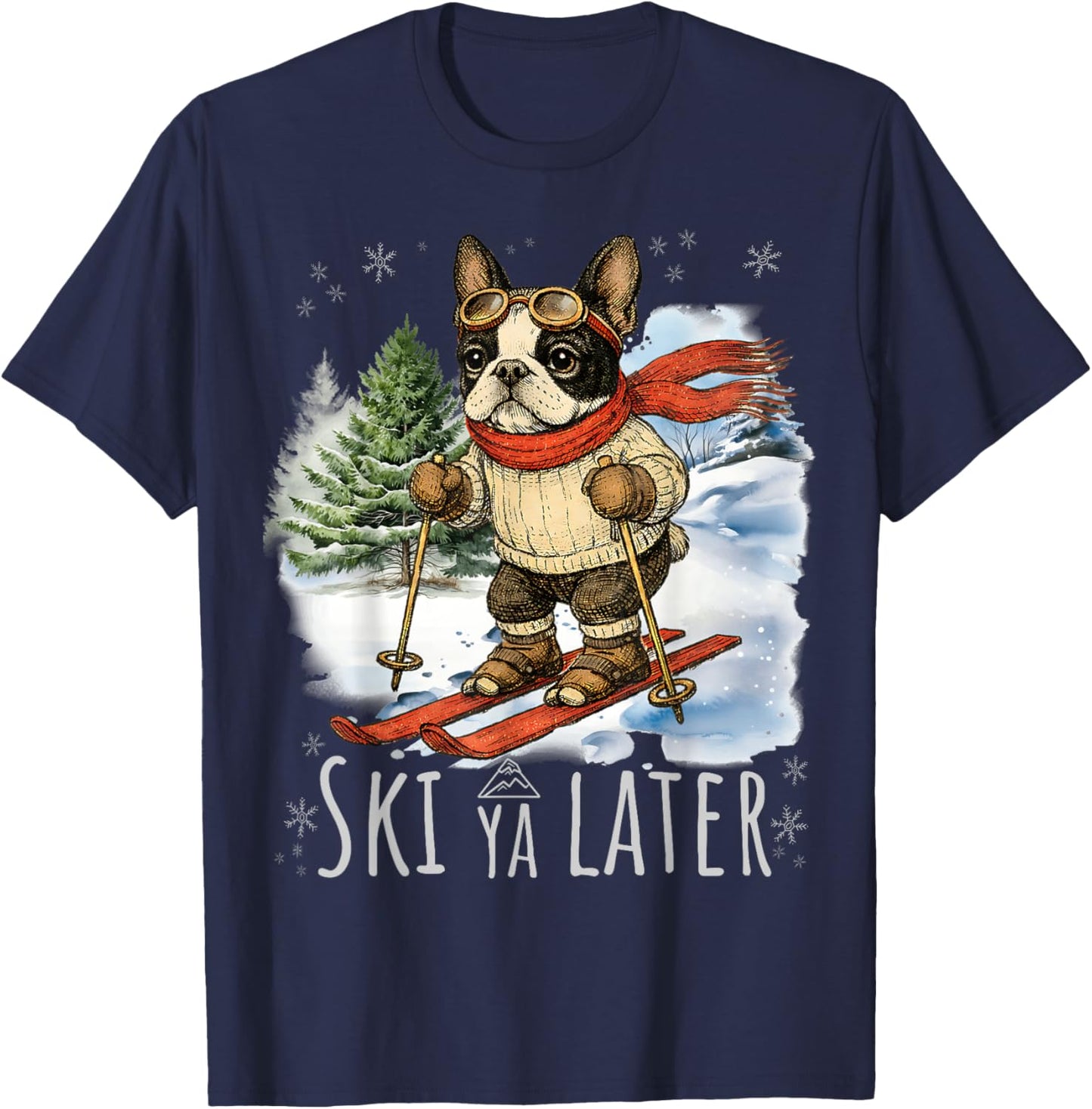 Boston Terrier Ski Bostie Snow Skiing Winter Spring Break T-Shirt - T-Shirt | Navy