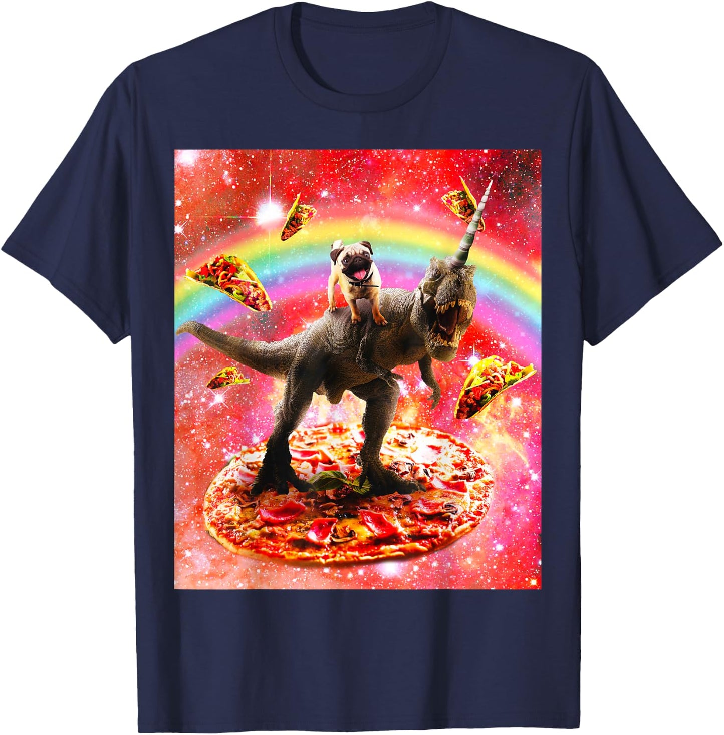 Space Pug Riding Dinosaur Unicorn - Pizza & Taco T-Shirt - T-Shirt | Navy