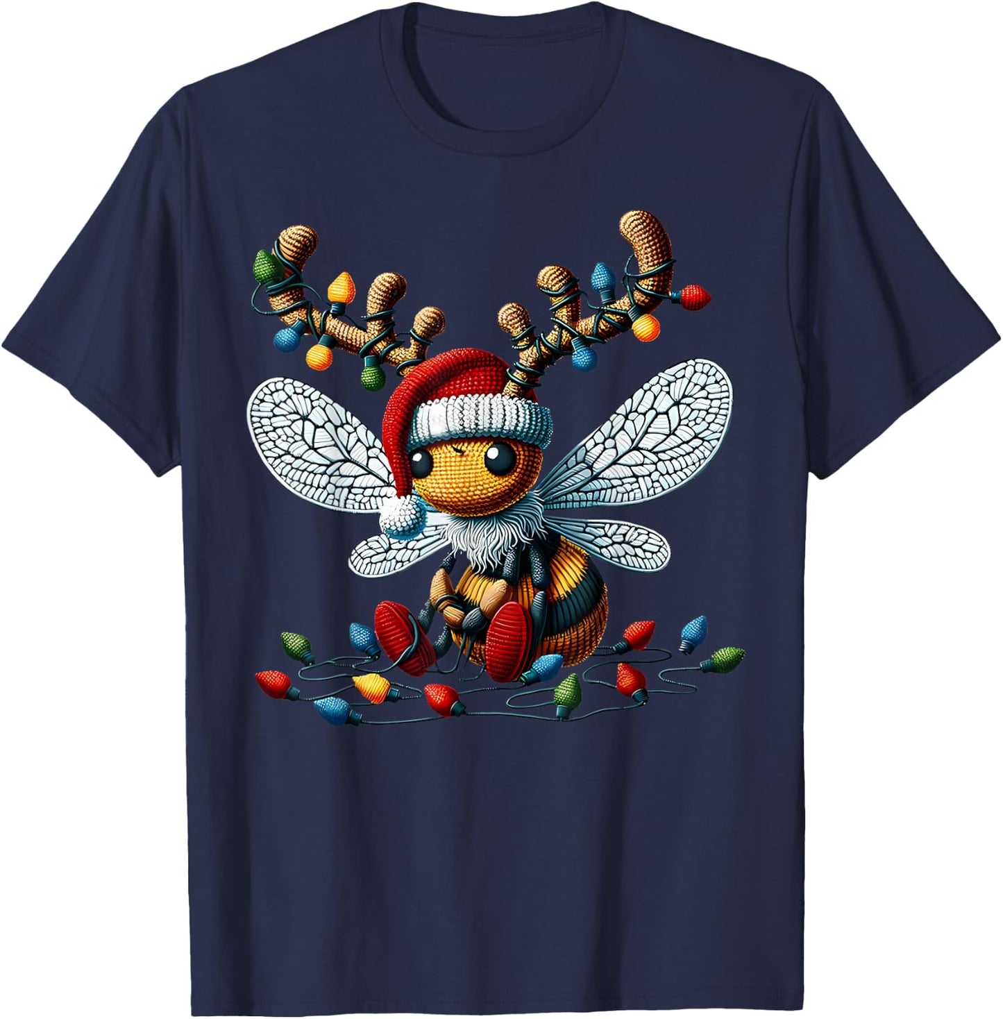 Cute Crochet Bee Christmas Light Santa Hat Reindeer Bee T-Shirt - T-Shirt | Navy