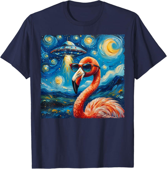 Flamingo Van Gogh Style The Starry Night Alien UFO Sci-Fi T-Shirt - T-Shirt | Navy