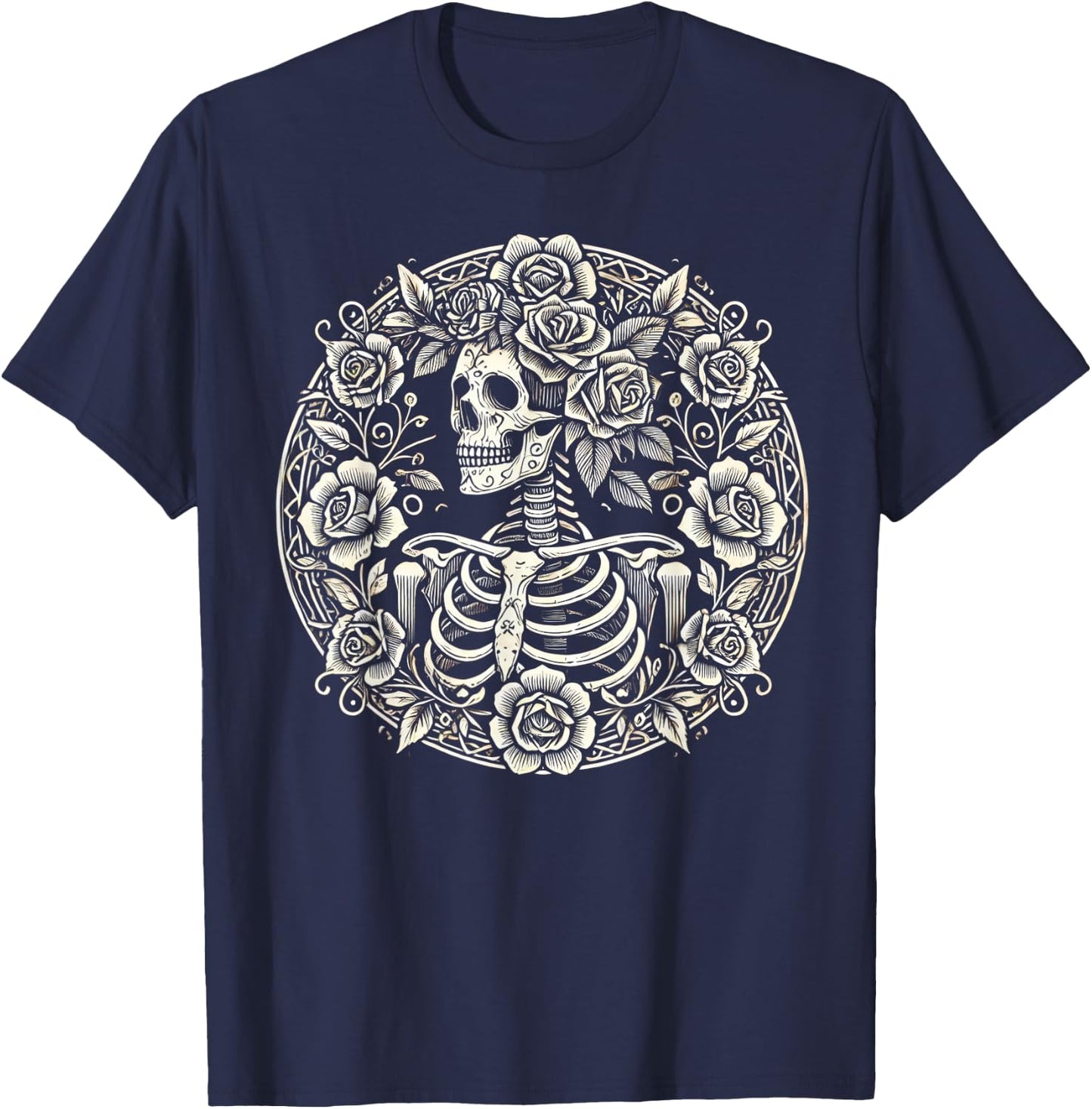 Floral Skeleton Flowers Goth Occult Death Dark Aesthetic T-Shirt - T-Shirt | Navy