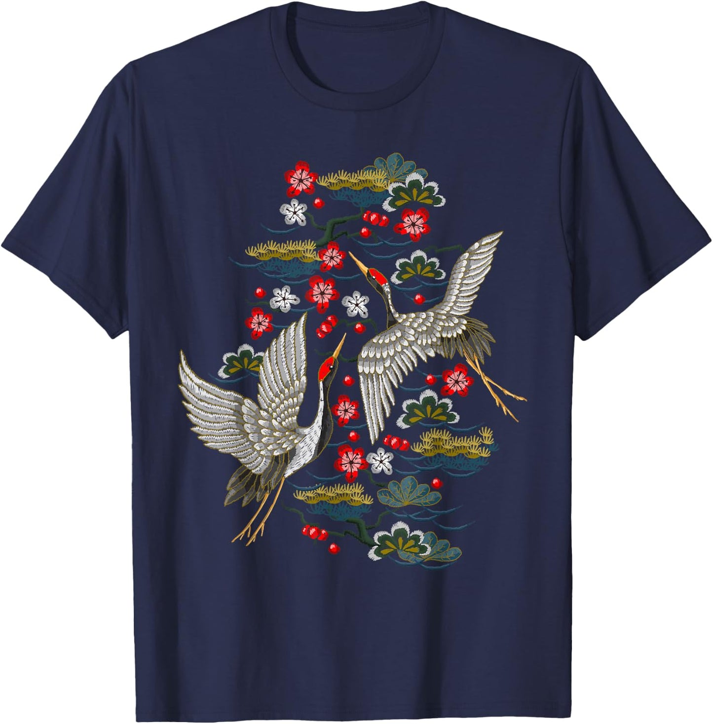 Crane & Cherry Blossom - Vintage Japanese Embroidery T-Shirt - T-Shirt | Navy