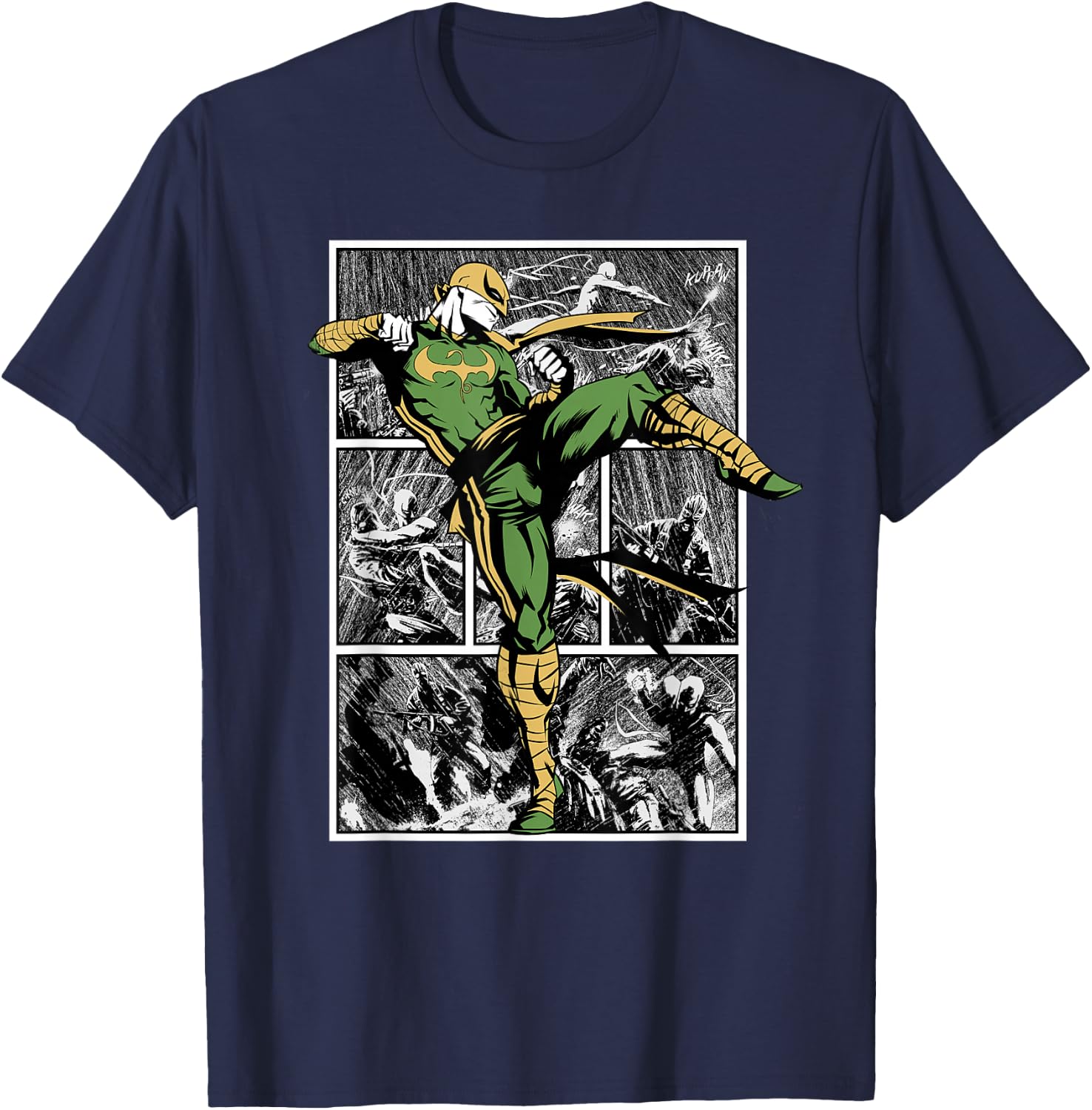 Marvel Comics Retro Classic Iron Fist Rain Battle Panels T-Shirt - T-Shirt | Navy