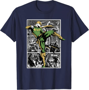 Marvel Comics Retro Classic Iron Fist Rain Battle Panels T-Shirt - T-Shirt | Navy