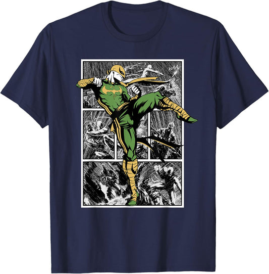 Marvel Comics Retro Classic Iron Fist Rain Battle Panels T-Shirt - T-Shirt | Navy