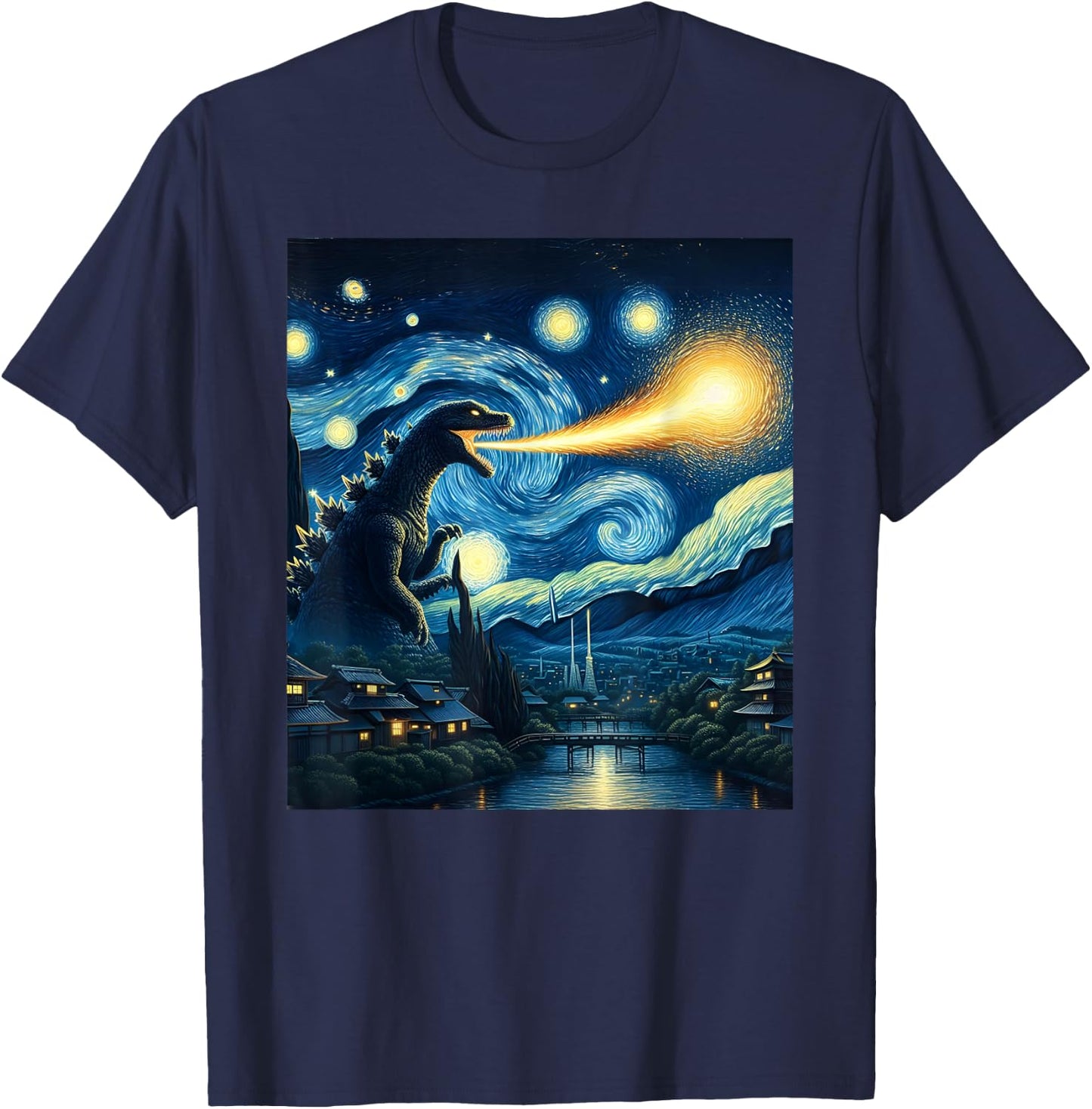 Retro Japanese Kaiju Monster Starry Night Parody Kaiju T-Shirt - T-Shirt | Navy