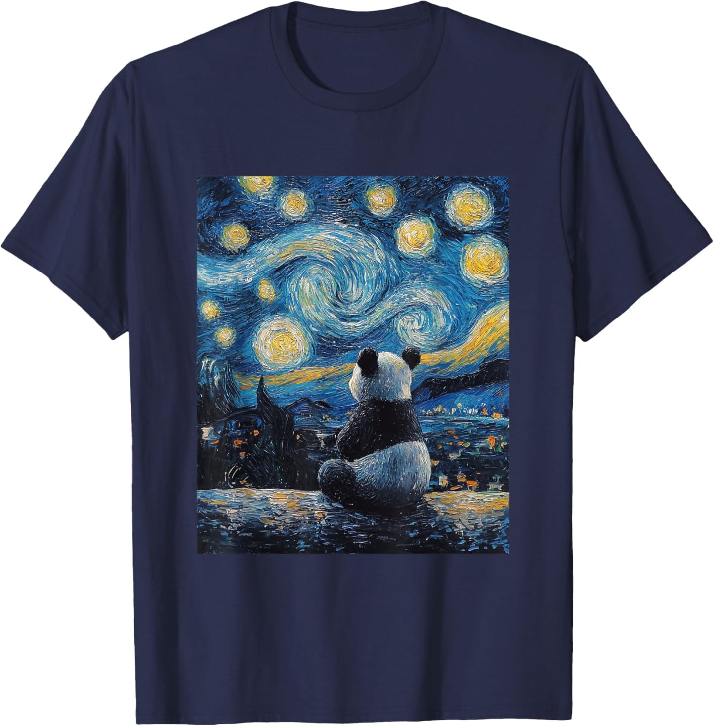 Cute Panda Bear - Van Gogh Style - Starry Night Graphic T-Shirt - T-Shirt | Navy