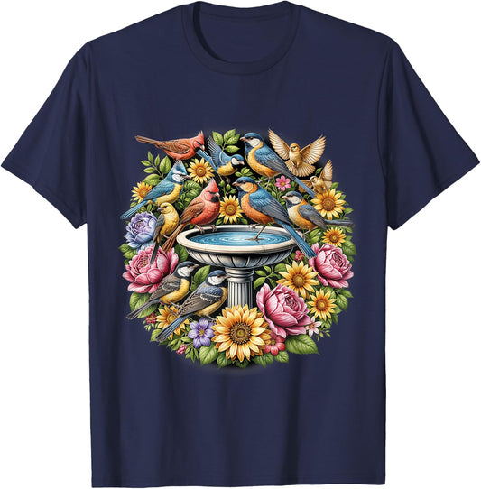 Birds Spring Flowers Shirt Water Fountain Birdwatcher Birder T-Shirt - T-Shirt | Navy