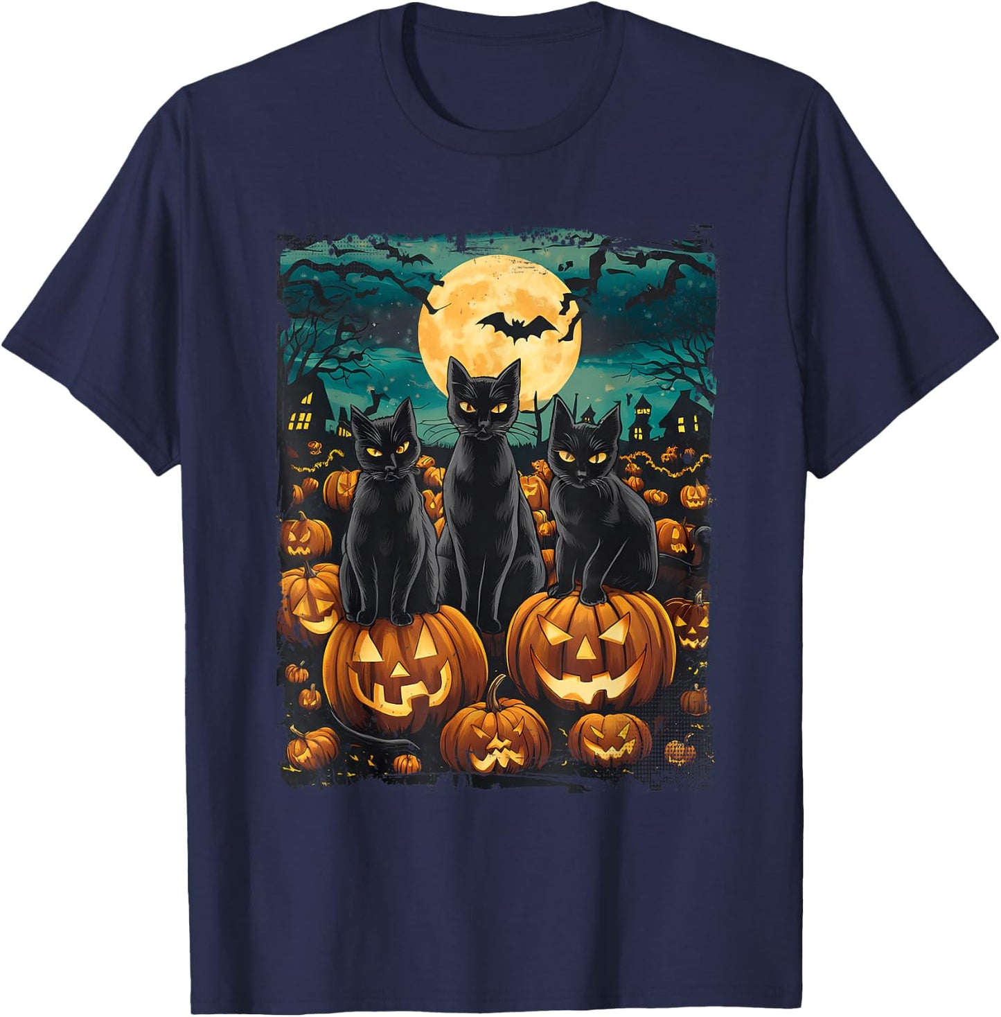 Black Cat Pumpkin Halloween Starry Night Cat Van Gogh Cat Women Kids T-Shirt - T-Shirt | Navy