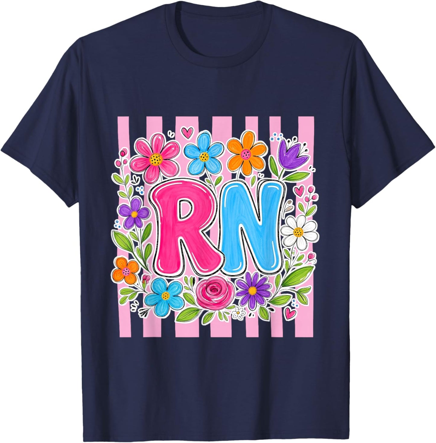 RN Registered Nurse Striped Floral Nursing Students Women T-Shirt - T-Shirt | Navy
