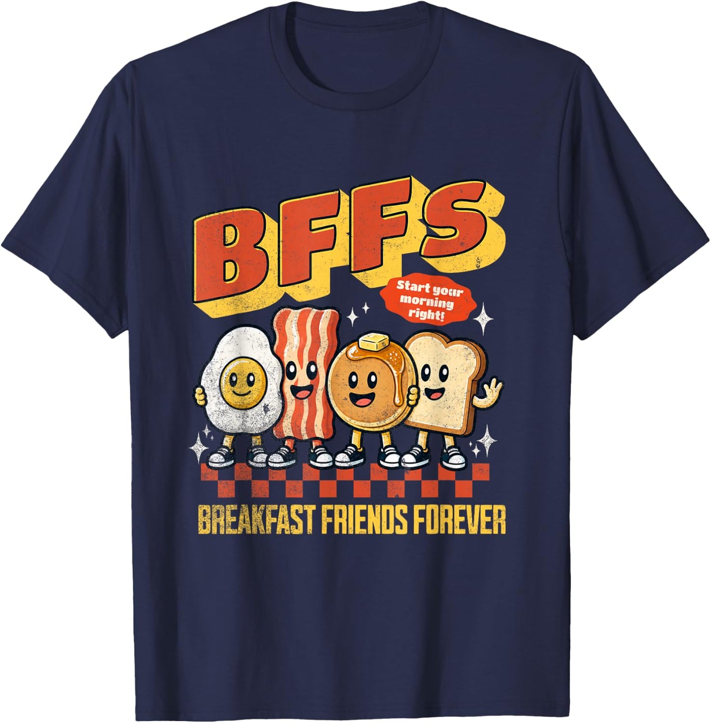 BFF Breakfast Friends Forever Cute Vintage Cartoon Food Art T-Shirt - T-Shirt | Navy