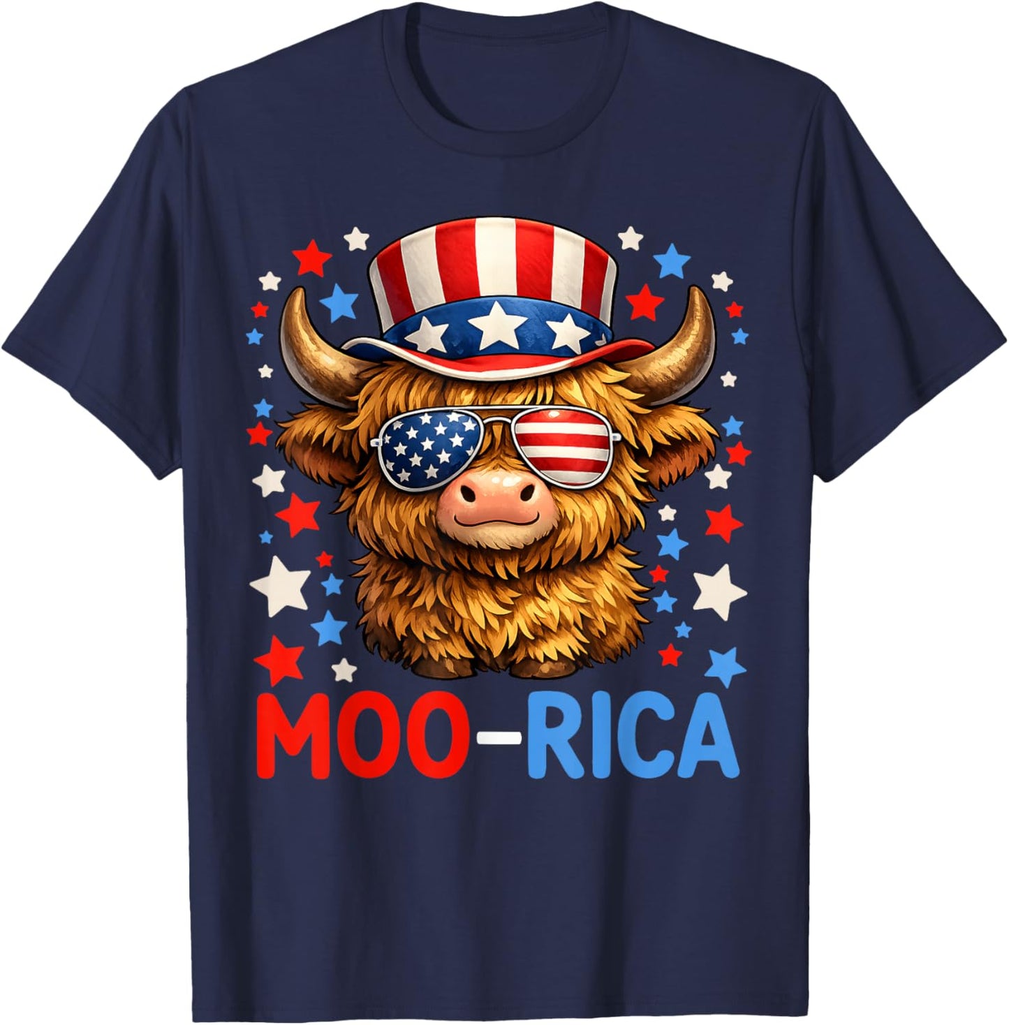 Patriotic Highland Cow Moo-rica July 4th Independence Day T-Shirt - T-Shirt | Navy