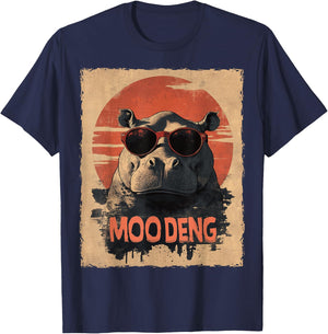 Baby Hippo Moo Deng Sunglasess Vintage Retro T-Shirt - T-Shirt | Navy