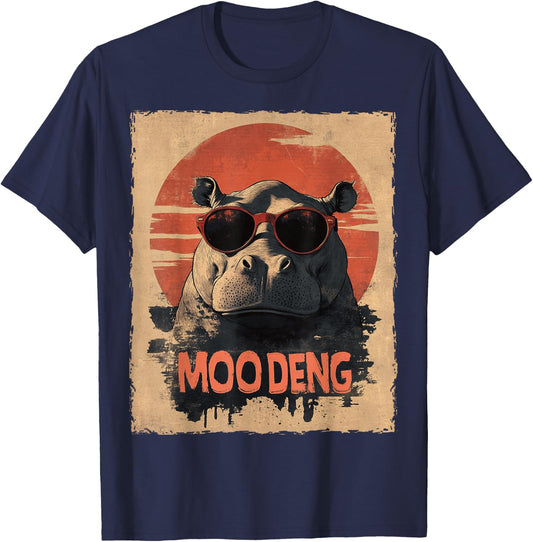 Baby Hippo Moo Deng Sunglasess Vintage Retro T-Shirt - T-Shirt | Navy