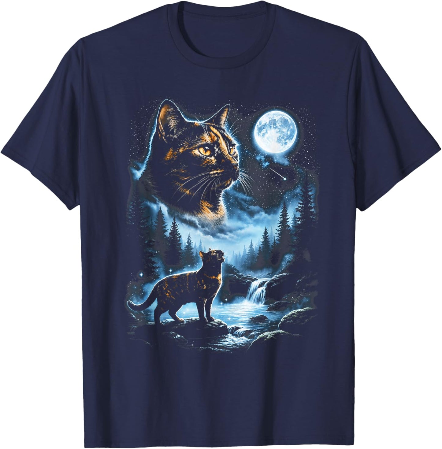 Tortoiseshell Cat Howling At Moon Celestial Parody Design T-Shirt - T-Shirt | Navy